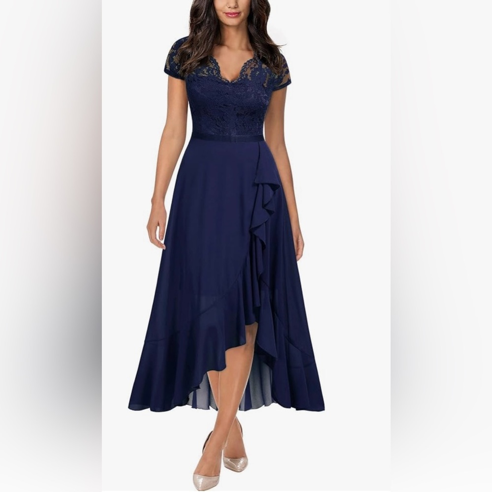 Miusol Women's V Neck Elegant Lace Ruffle dress